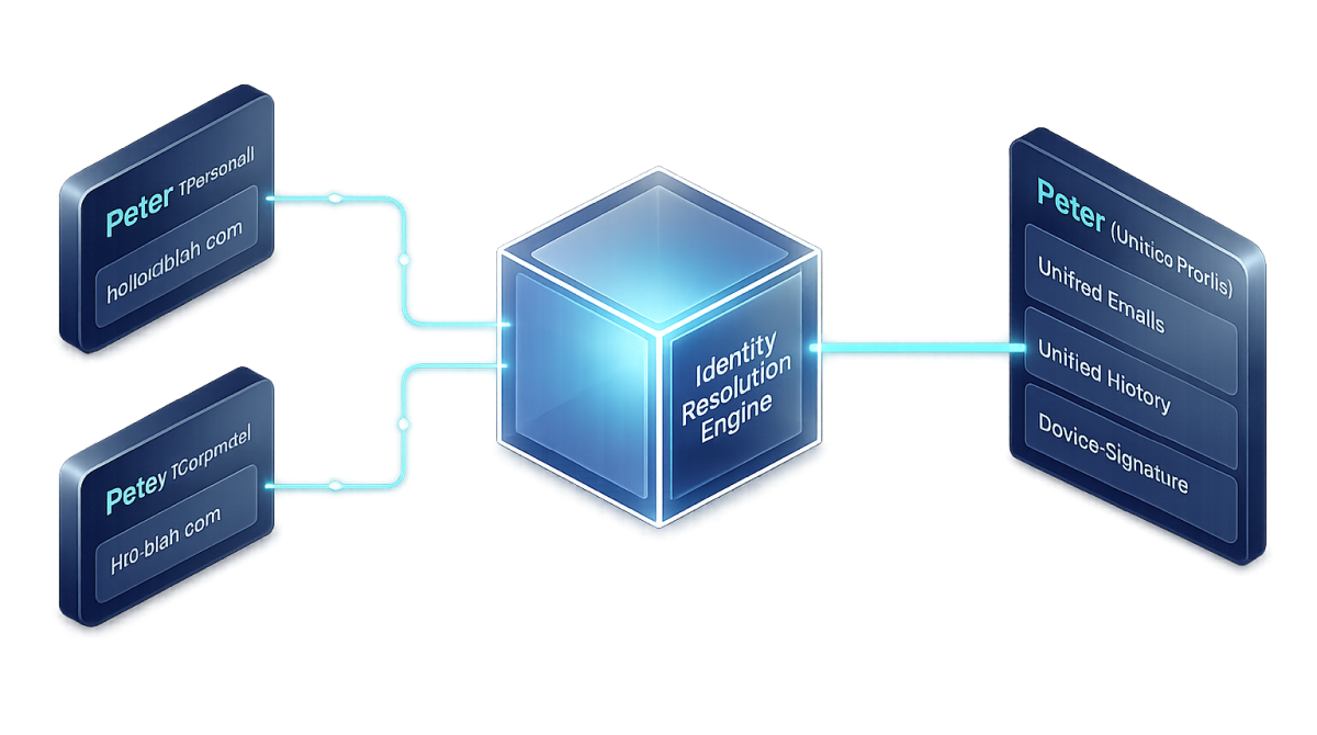 A single customer record linked to email, phone, VIN, record ID, and IP address signals